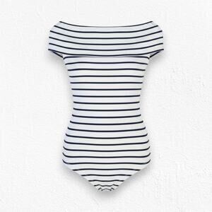 We the Free White Blue Off the Shoulder Striped Melbourne Preppy Top Size Medium